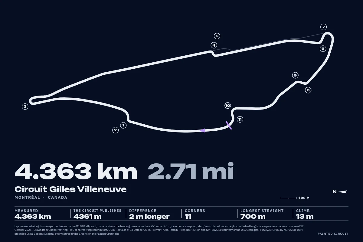 Circuit Gilles Villeneuve drawn in Line, Night.