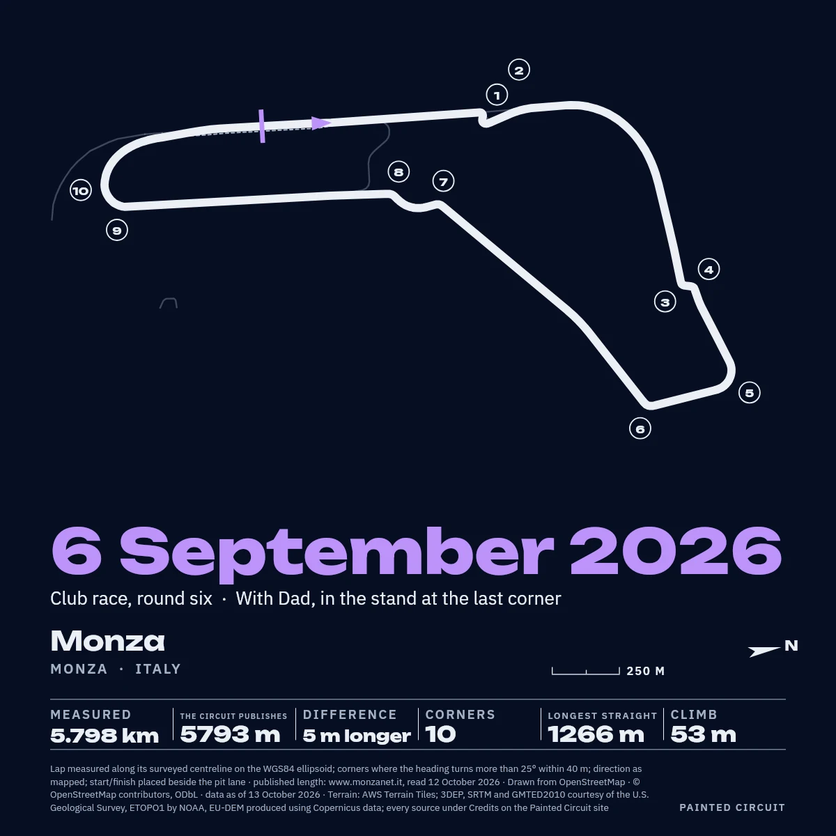 Race Day on Monza: the day, 6 September 2026, set large in purple under the lap, with an event and a line beneath.